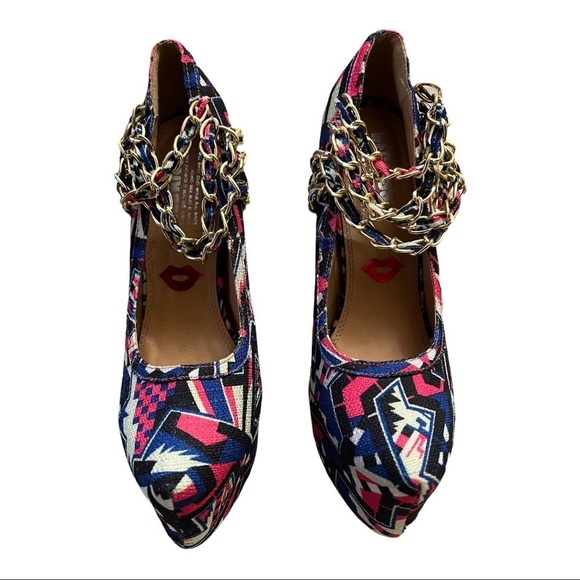 Redkiss Chain 6” Stiletto Heel Size 8.5 Blue Multi Color Geo Print Platform Clog - Picture 1 of 6